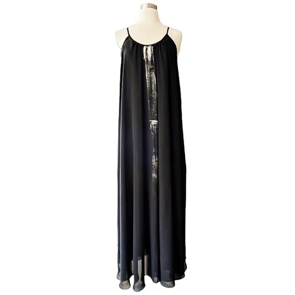ALEF ALEF Black Maxi Chiffon Dress Sleeveless Gold Contrast Size 0 Small Israeli - Picture 1 of 8